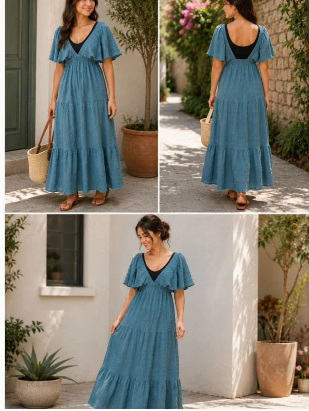 Hunter & Brown Teal Blue Flutter Sleeve Maxi Dress - Picture 1 of 8